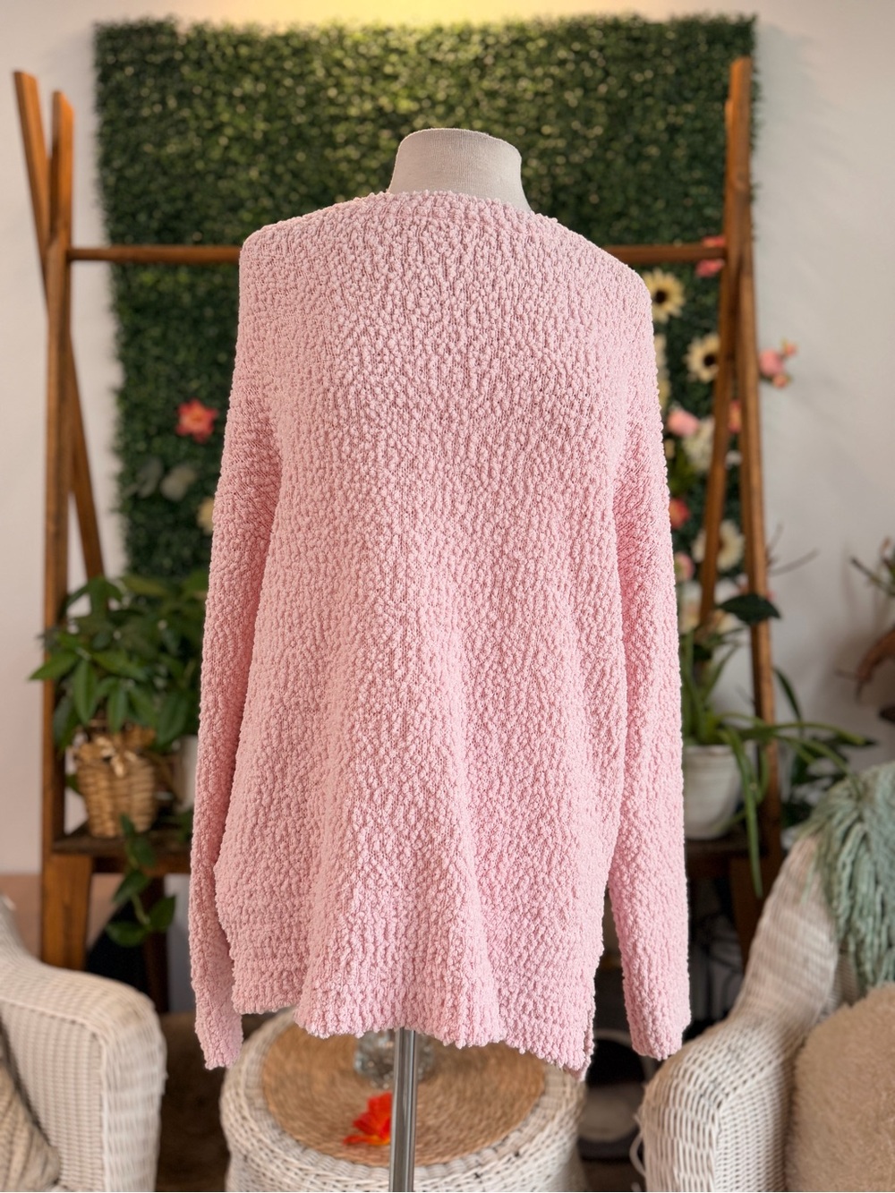 Cozy Popcorn Crewneck Sweater in Blush Pink